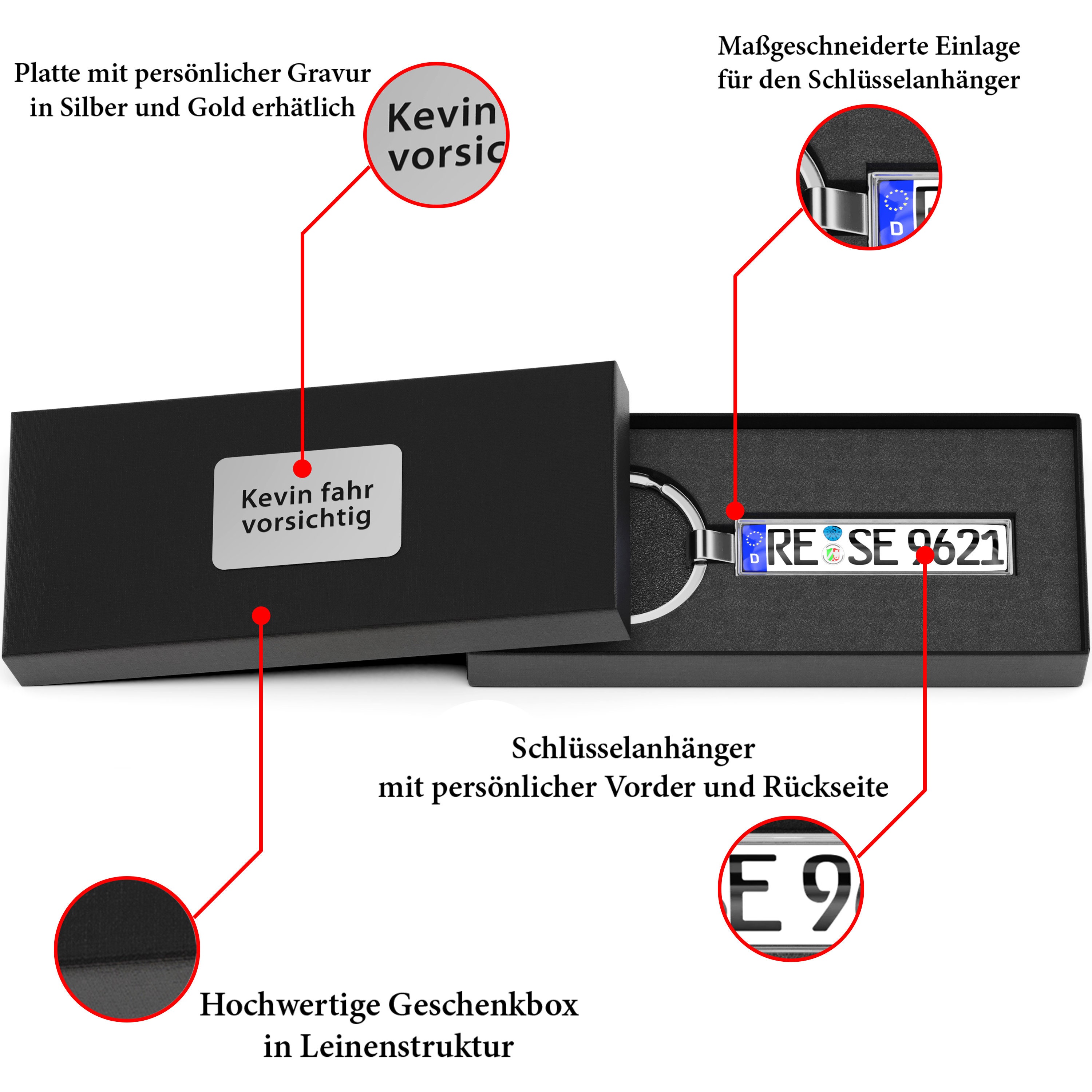 Bl4ckPrint Personalisierter Kennzeichen-Schlüsselanhänger mit Geschenkbox  Nummernschild beidseitig personalisierte Gravur Auto KFZ - .de