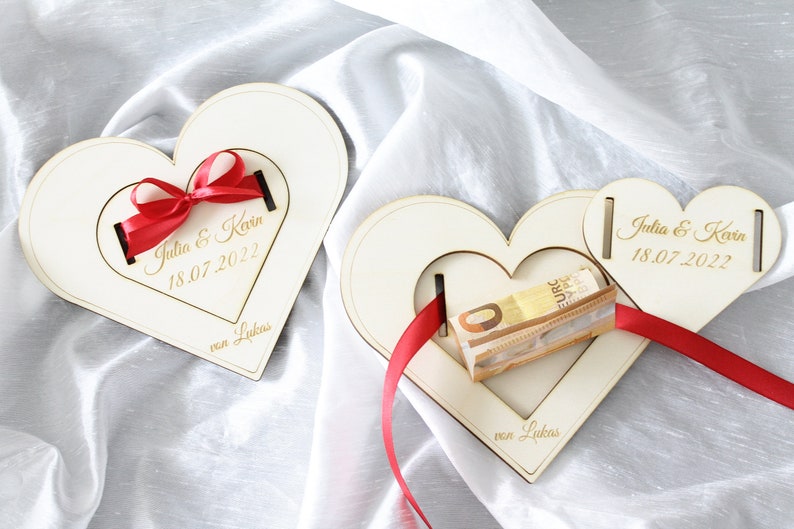 Money gift wedding personalized heart shape made of wood with ribbon personalizable wedding gift for bride and groom wedding gift image 4