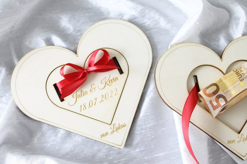Money gift wedding personalized heart shape made of wood with ribbon personalizable wedding gift for bride and groom wedding gift image 6