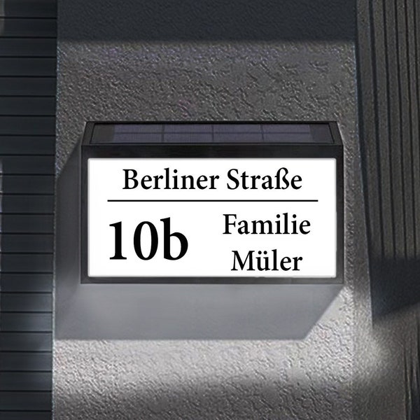 Beleuchtete Solar Hausnummer Personalisiert Hausnummernleuchte Hausnummernschild 10 LEDs Individualisiert mit Straße Hausnummer Familienname