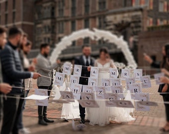 Girlande zum schneiden Hochzeit inkl. Schlaufe zum festhalten Wimpelkette Hochzeitsspiel Braut Bräutigam schneiden Mr&Mrs LIEBE GLÜCK SPASS