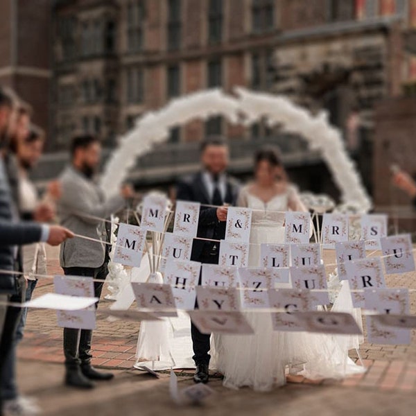 Girlande zum schneiden Hochzeit inkl. Schlaufe zum festhalten Wimpelkette Hochzeitsspiel Braut Bräutigam schneiden Mr&Mrs LIEBE GLÜCK SPASS