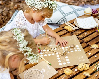 Set de actividades infantil para la boda con naipes / acorazados / laberinto / sopa de letras / tres en raya