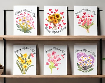 Set of 6 Mother’s Day Flower Bouquet Cards with Daisies, Tulips, Roses, Daphodils, and Sunflowers. “Happy Mother’s Day” Set of Cards for mom