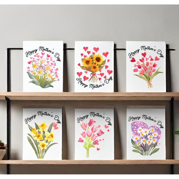 Set of 6 Mother’s Day Flower Bouquet Cards with Daisies, Tulips, Roses, Daphodils, and Sunflowers. “Happy Mother’s Day” Set of Cards for mom