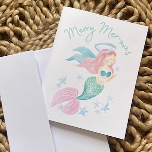 Cartes de sirène pastel de Noël, joyeux sirène, carte de jeu de mots sirène, jolie carte de Noël pastel, carte de Noël de Floride, carte de Noël tropicale