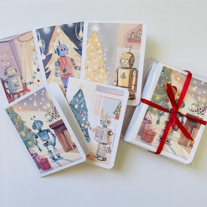 25 cartões de férias de robôs retrô em tons pastel com a opção de adicionar sua própria mensagem impressa dentro! Cartões de Natal de robôs fofos cartão de Natal personalizado
