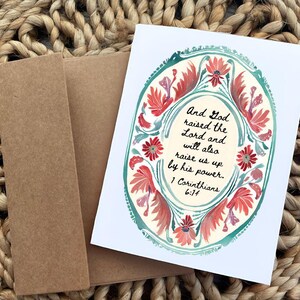 Christian Grief Card 1 Corinthians 6:14 “And God raised the Lord and will also raise us up by his power.” Scripture card for grief and loss