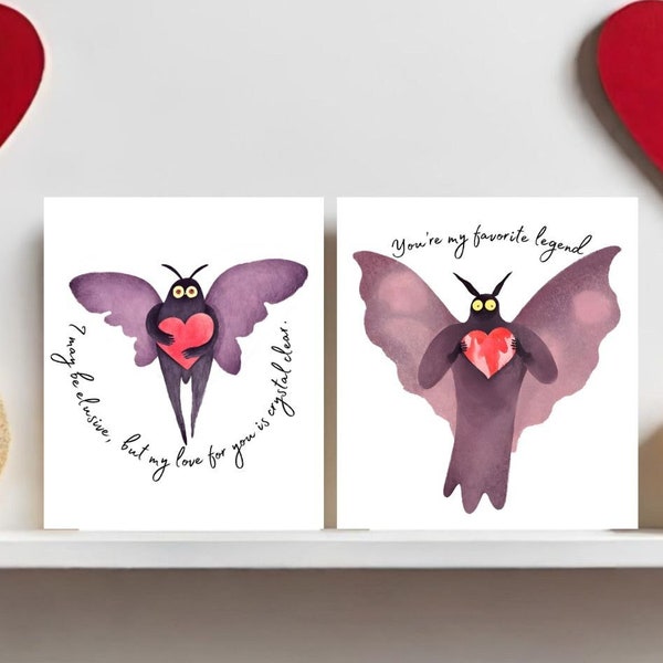 Set of 2 Mothman Cryptid Romantic Cards - Horror love card, mothman romantic cards, Mothman gift, Spooky anniversary card, monster love card