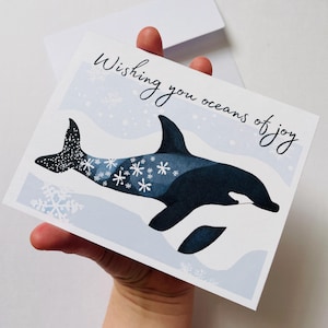 Deseándoles océanos de alegría: tarjeta navideña de orca, tarjeta de ballena, tarjeta navideña del océano, regalo navideño de orca, tarjeta navideña de ballena asesina