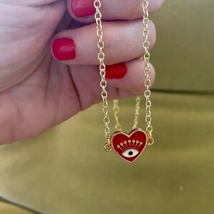 Heart Charm Necklace on Beautiful Gold Filled Chain With Swarovski Crystals  and Red Enamel Heart Charms. Delightful Magnetic Heart Clasp. 