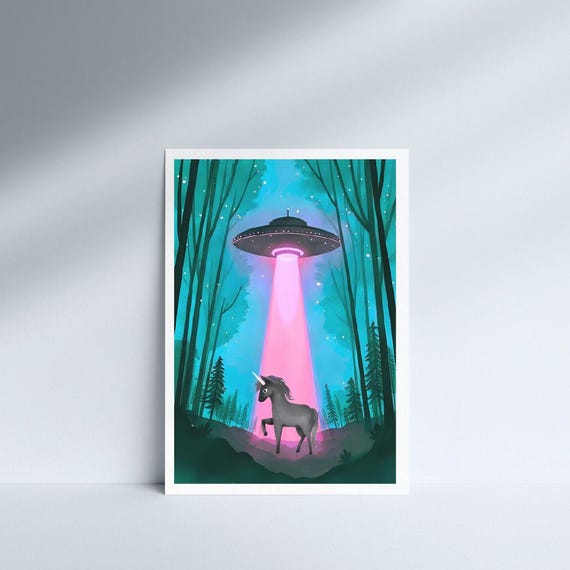 Neon Fantasy Unicorn UFO Wall Art Print