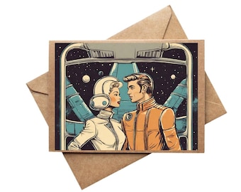 Retro Futuristic Astronaut Couple Brown Kraft Paper Notecard