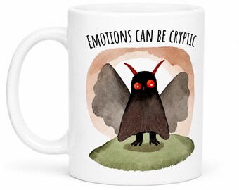Mothman Coffee Mug, Cryptic Emotions Ceramic Cup, Therapist Introvert Gift