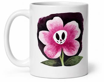 Skull Flower Mug, Gothic Floral Coffee Mug, Gift for Goth, Halloween Gift, Spooky Flower Mug