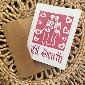 Gothic Romantic Card ‘Til Death skeleton Engagement card Lovers, goth engagement card, goth anniversary card, mythical medieval engagement