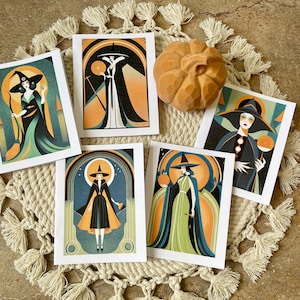 Zestaw 5 kartek z notatkami w stylu Art Deco z motywem czarownic - puste w środku - Karty z notatkami z motywem czarownic - Różne karty z notatkami z motywem czarownic na każdą okazję - prezent dla czarownicy