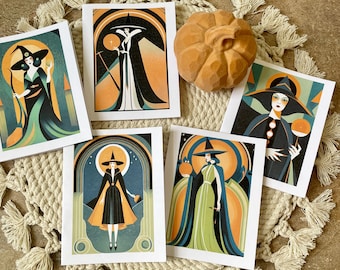 Art Deco Witch Note Cards - Set of 5 Blank Greeting Cards