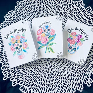 3 Dia De Muertos Sugar Skull Day of the Dead Cartões artesanais com envelopes - em branco por dentro - Cartões Dia De Muertos - Cartões Dia dos Mortos