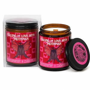 Falling in Love with Mothman Pink Hearts Strawberry Hand Poured Scented Soy Candle Gift