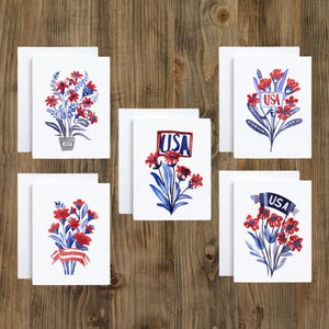 Lot de 5 cartes bouquet de fleurs rouges, blanches et bleues patriotiques des États-Unis du 4 juillet - intérieur vierge