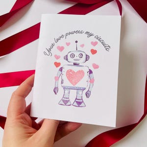 Niedliche Retro Roboter Aquarell Karte Valentinstag Valentinstag Karte ”Your love powers my circles” - Valentinstag Karte, Valentinstag, Valentinstag, Valentinstag, Valentinstag, Valentinstag, Valentinstag