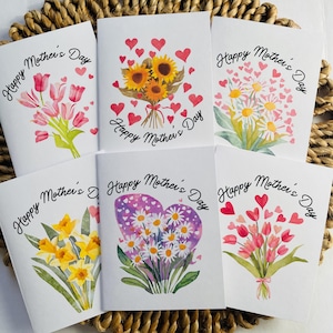 Set of 6 Mother’s Day Flower Bouquet Cards with Daisies, Tulips, Roses, Daphodils, and Sunflowers. “Happy Mother’s Day” Set of Cards for mom