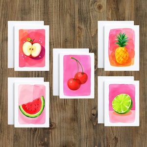 Juego de 5 tarjetas de notas surtidas de frutas de verano de colores neón brillantes para cualquier ocasión.