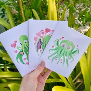 Lot de 3 cartes d'amour Cthulhu, H.P. Cartes d'amour artisanales, cartes d'amour gothiques pastel, cartes d'amour de monstre marin, cartes HP Lovecraft, cadeaux Cthulhu