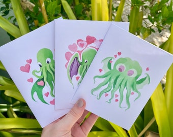 Set of 3 Cthulhu Love Cards, H.P. Love craft love cards, pastel goth love cards, sea monster love cards, hp Lovecraft cards, Cthulhu gifts