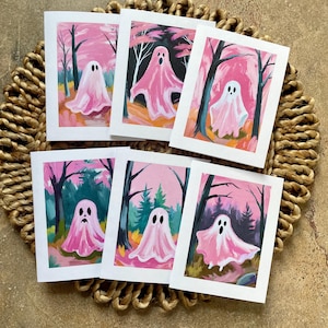 Set van 6 roze en groene spookkaarten betoverd bos voor elke gelegenheid - spookboskaarten - spookachtige natuurkaarten