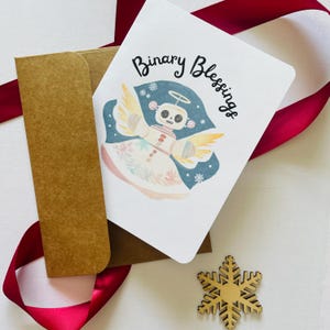 Kerstrobot woordspeling kerstkaart "Binary Blessings" schattige robot kerstengelkaarten