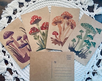 Mushroom Postcard Set: Fantasy Watercolor Designs on Brown Cardstock