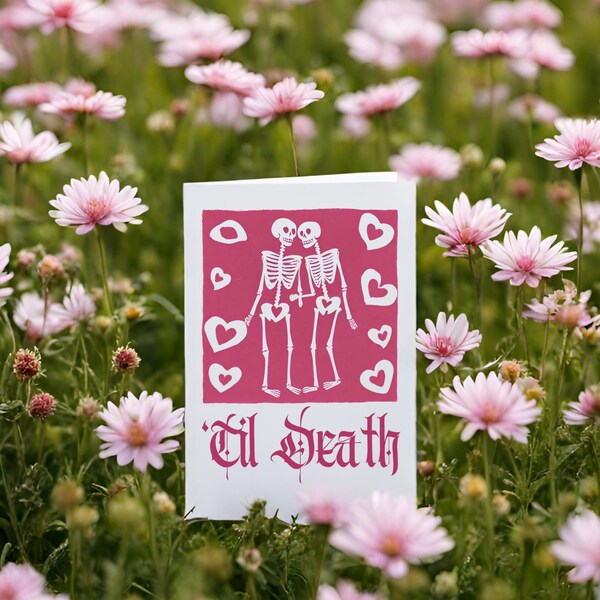 Gothic Romantic Card “‘Til Death” romantic skeleton card for husband, wife, fiancé. Pastel Goth Romantic Card for Lovers, ‘til death card