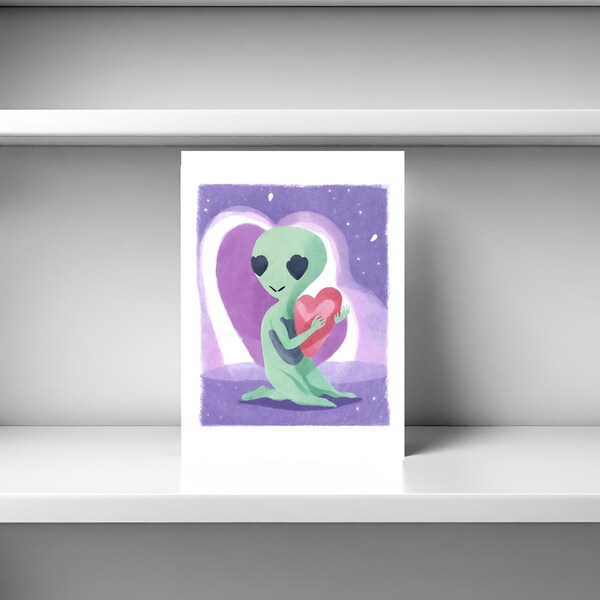 Cute alien Valentine’s Day card, sci-fi valentine, alien valentine card, UFO valentine, unique valentines, spooky valentines, alien heart