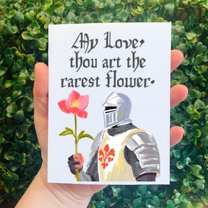 Amor mío, eres la flor más rara. - Tarjeta de amor renacentista de caballero medieval para aniversario o cumpleaños de esposa o novia