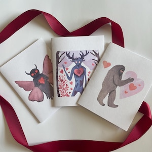 Set of 3 Mothman, Bigfoot, and Wendigo Valentine Card Set