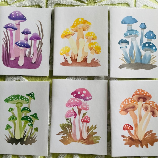 Rainbow Mushroom Watercolor Note Cards - Set of 6 Blank Folded Cards