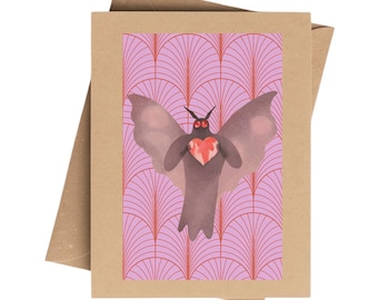 Art Deco Mothman Heart Print Notecard on Brown Kraft Paper