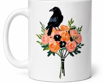 Raven Flower Coffee Mug, Gothic Raven Mug Gift for Bird Lover, Witchy Floral Coffee Cup, Crow Lover Gift