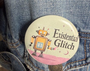 Plantilla de listado de botones con pinback de fallo existencial de robot vintage