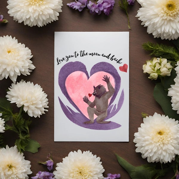 Mother’s Day “Love you to the moon and back” Werewolf Card, card for mom, horror Mother’s Day, pastel goth Mother’s Day card with envelope