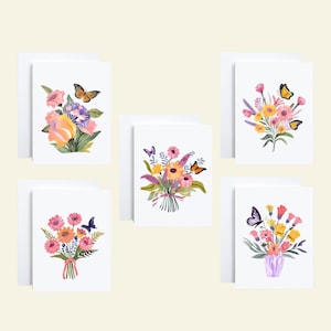 Set van 5 vlinderbloemenboeketkaarten voor elke gelegenheid, elke gelegenheid vlinderkaarten, vlinderkaarten, blanco notitiekaarten, generieke notitiekaarten