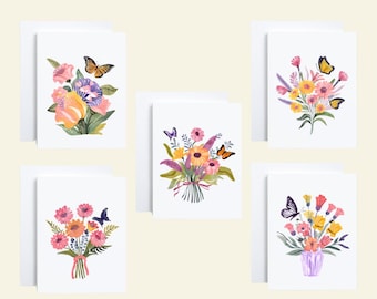 Lot de 5 cartes bouquet de fleurs papillon pour toutes les occasions, cartes papillon pour toutes les occasions, cartes papillon, cartes de correspondance vierges, cartes de correspondance génériques