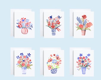 Set van 6 Independence Day-wenskaarten met patriottische rode, witte en blauwe bloemboeketten en Amerikaanse vlaggen - 4 juli-kaarten