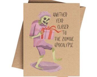 Zombie Birthday Notecard on Brown Kraft Paper: Another Year Closer to the Zombie Apocalypse