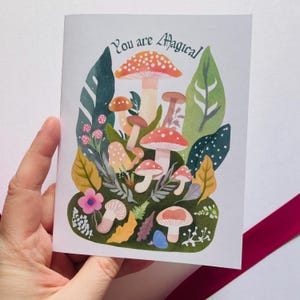 Je bent magisch, bedankkaart voor paddestoelen, bedankkaart voor fantasiebospaddenstoelen, bedankkaart voor magisch bos, kaart betoverd bos