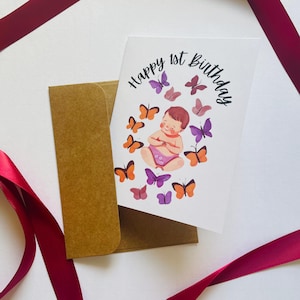 Happy 1st birthday baby butterfly fantasy folk art watercolor birthday card, baby’s first birthday card, sweet baby birthday card, one year