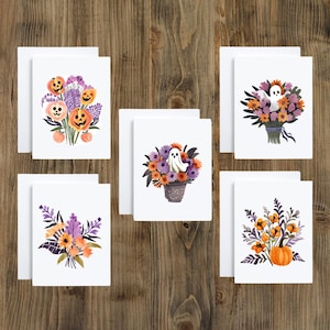 Juego de 5 tarjetas florales de Halloween de otoño con fantasmas y calabazas (interior en blanco)