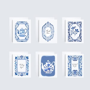 Set van 6 blauw-witte chinoiserie-theekransjes met diverse notitiekaarten met theepotten, bedankkaarten, 'Ik denk aan jou' en bloemen